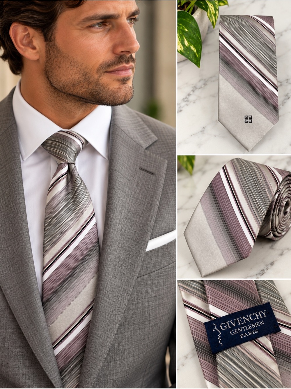 GIVENCHY - Vintage Men's Stripe Tie in Silver & Mauve